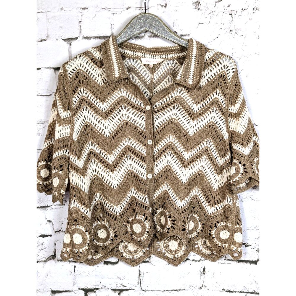 SOLITAIRE Cottage Boho Crochet Knit Cardigan Taupe Cream Medium